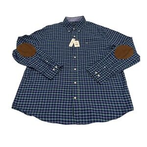 Crown & Ivy Mens XL Green Navy Plaid Cotton Button Down Shirt Elbow Patches‎ NWT
